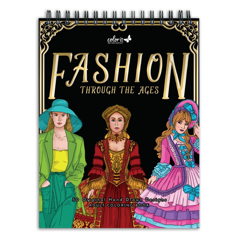 ColorIt Fashion Through The Ages Adult Coloring Book - 50 Single-Sided Designs, Thick Smooth Paper, Lay Flat Hardback Covers, Spiral Bound, USA Printed, Fashion Pages to Color - Image 1